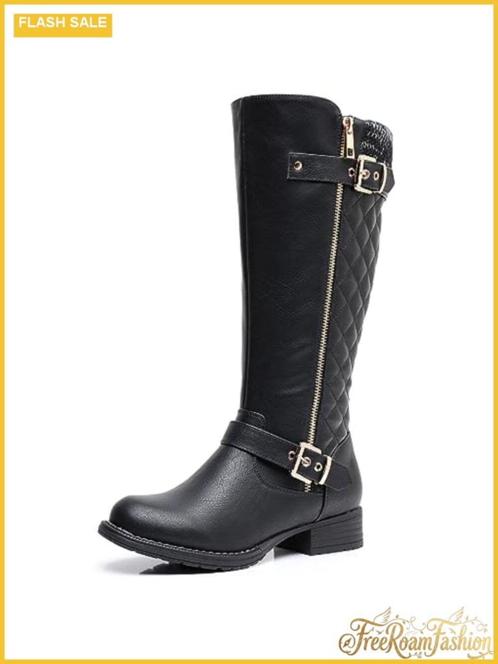 Quilted Knee High Boots Low Heel Vegan Faux Leather Wide Calf